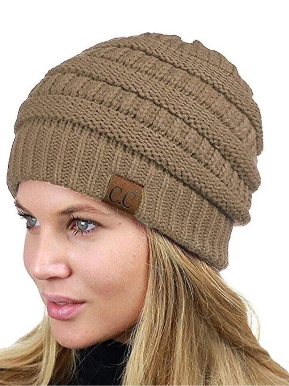 C.C Marled Knit Beanie in Taupe and Cream